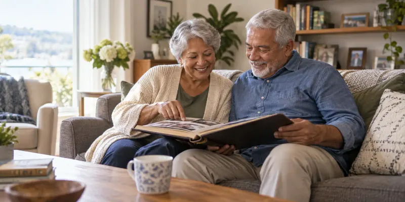 Two older adults smiling while looking through a photo album