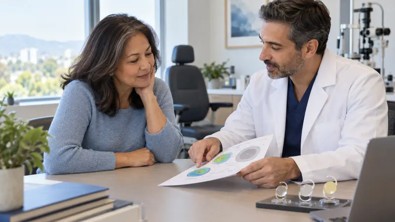 An adult discussing cataract surgery planning after LASIK with an eye doctor