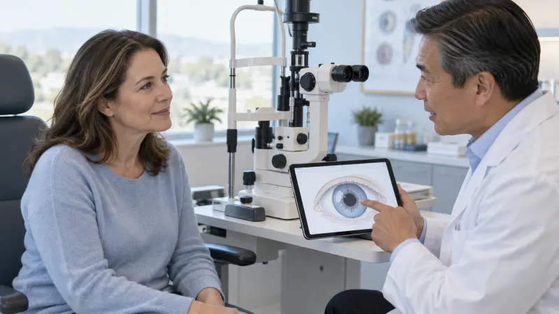 A patient discussing corneal care with an eye doctor beside a slit lamp
