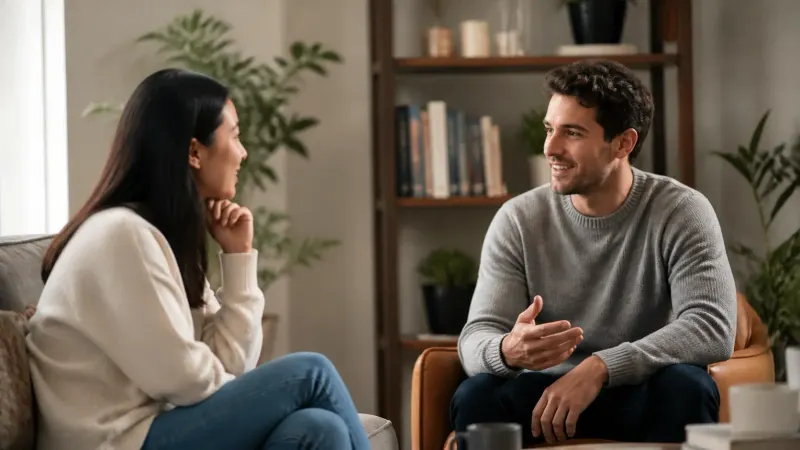 Two adults having a relaxed conversation in a comfortable lounge
