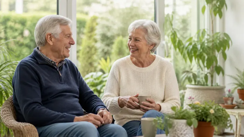 Two older adults smiling together in a bright garden room