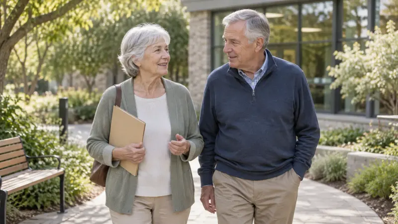 An older adult walking with a supportive companion while carrying a plain appointment folder