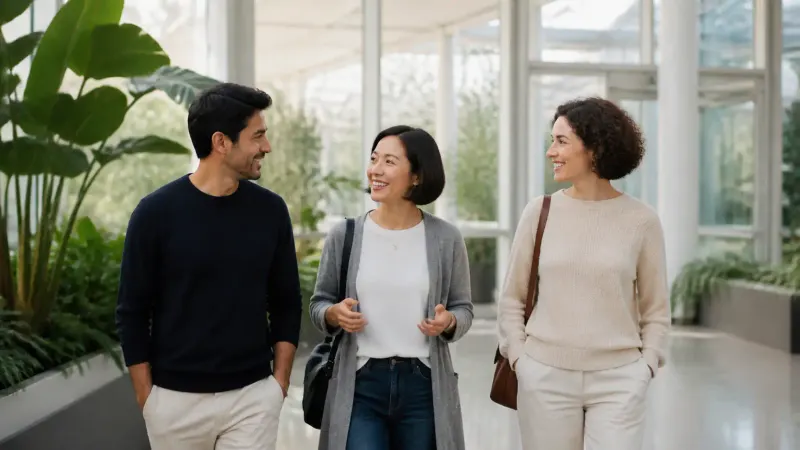 Three adults smiling while walking through a bright indoor atrium