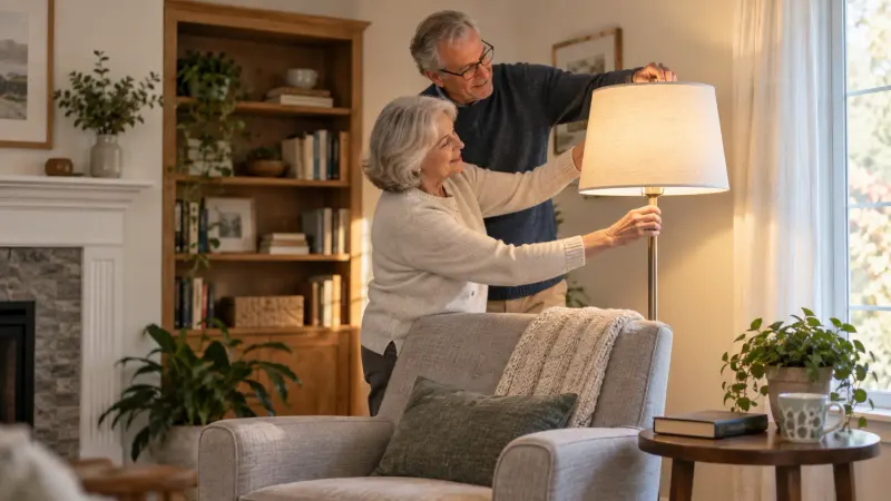 Two older adults smiling together near a well-lit table