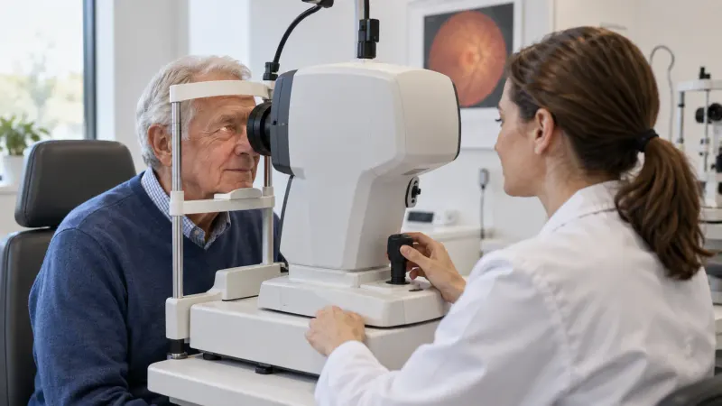 An older adult and a companion review notes before a retinal imaging appointment.