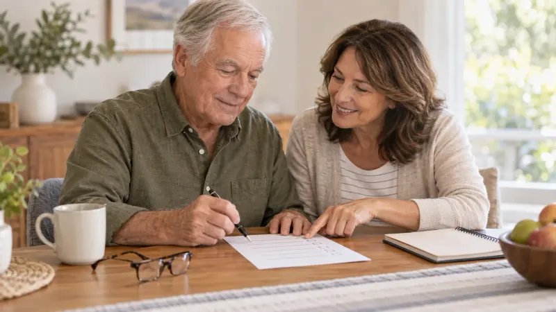 An older adult and a supportive companion reviewing an appointment checklist at a bright home table