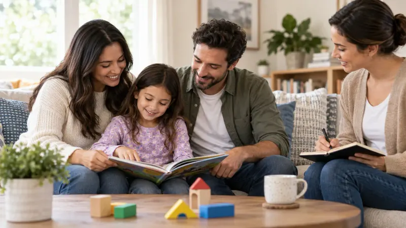 A young child reading a picture book with supportive caregivers in a bright family room