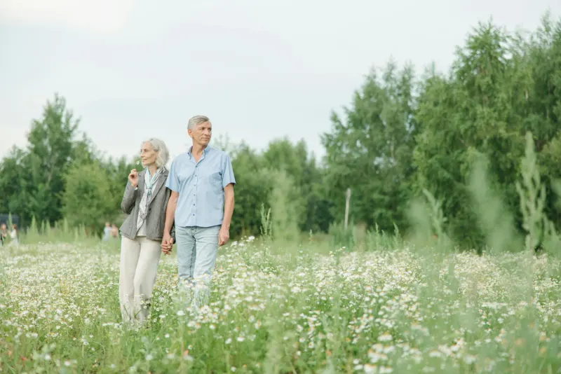 A senior couple enjoying a peaceful walk through a lush flower field on a sunny day.
