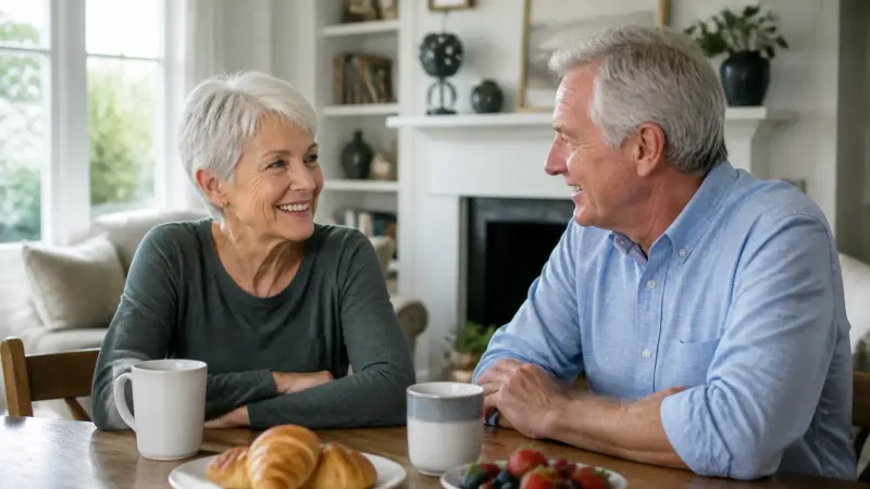 Two older adults smiling together at a bright dining table