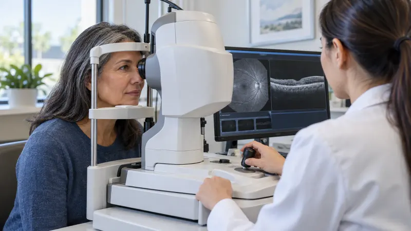Patient receiving a glaucoma screening eye examination