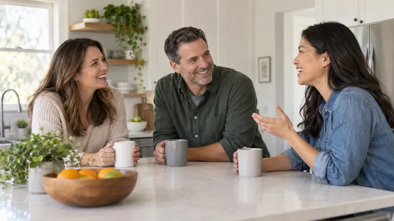 Two adults talking together in a bright everyday setting