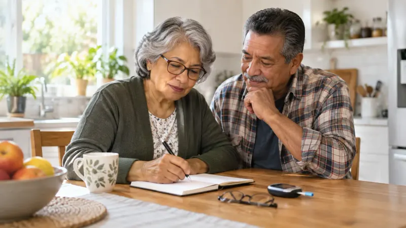 Two older adults organizing questions before a diabetes-related eye imaging appointment