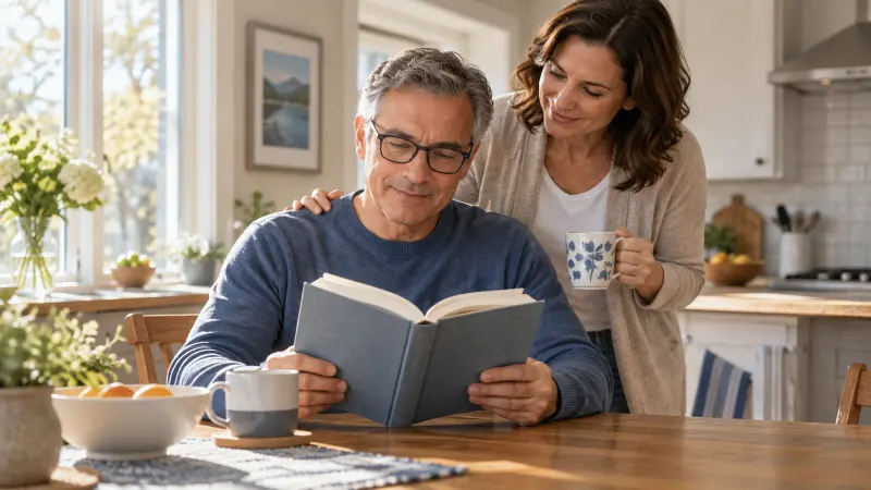 An adult reading at home while a companion stands nearby
