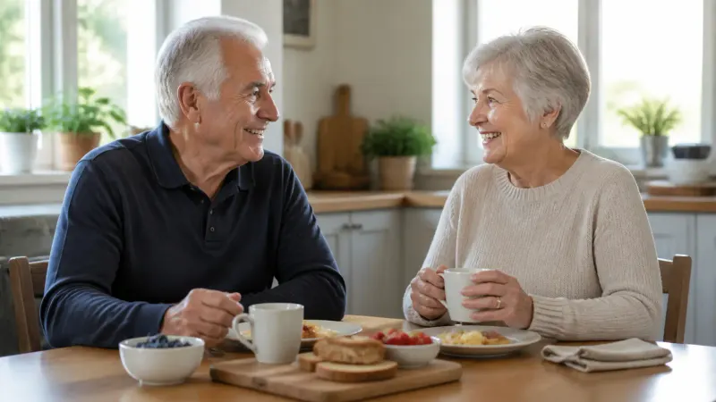 Two older adults smiling together at a bright breakfast table