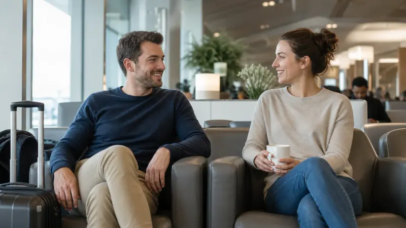 Two adults smiling together in a modern airport lounge