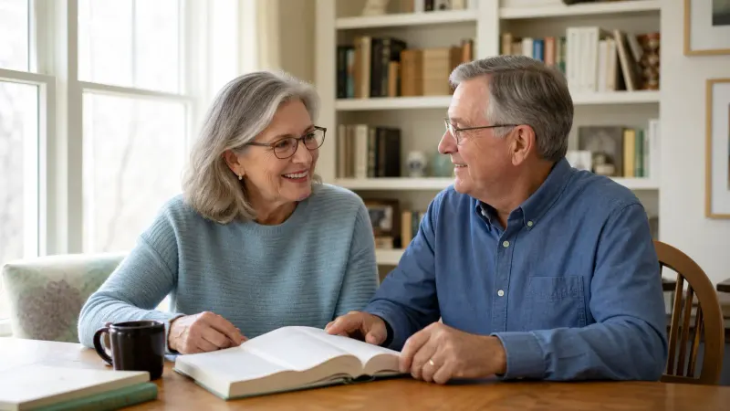 Two older adults wearing eyeglasses and talking in a reading room
