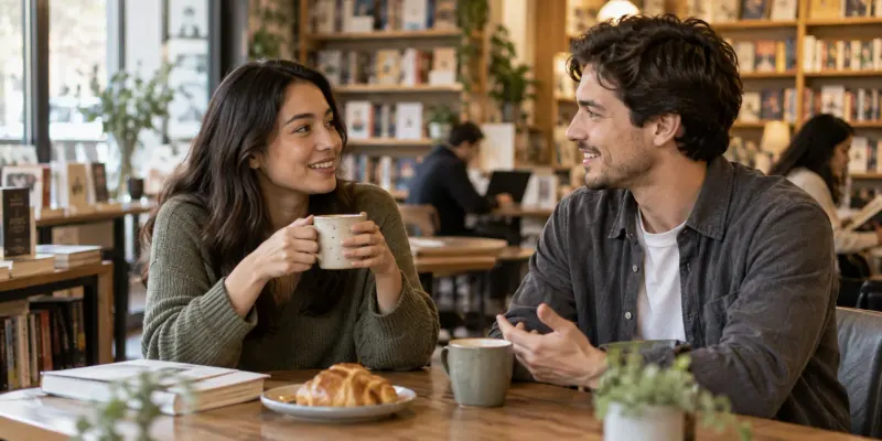 Two adults smiling during a natural indoor conversation