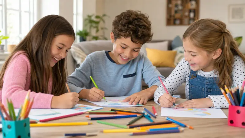 Three children smiling while drawing together at an art table
