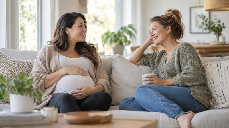 Two adults smiling and talking together in a bright home