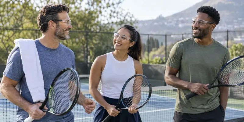 Three adults wearing protective eyewear and smiling on a racquet court