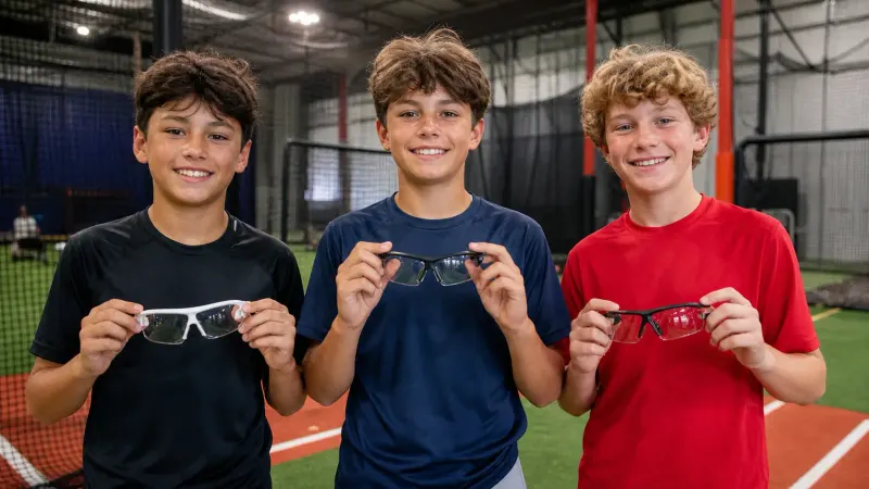 Three young athletes smiling with protective eyewear indoors