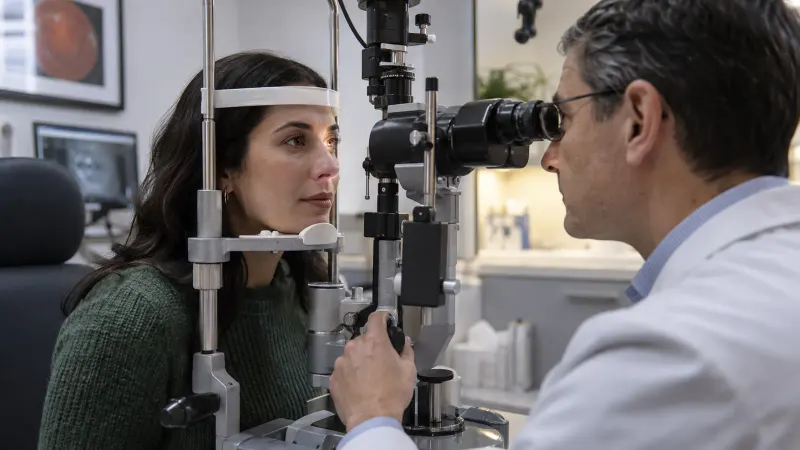 Eye doctor examining a patient's cornea at a slit lamp