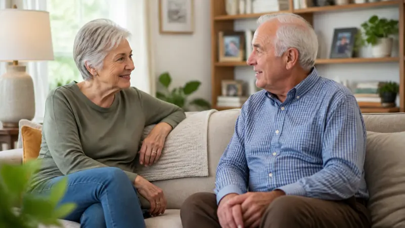 Two older adults smiling and talking in a bright living room