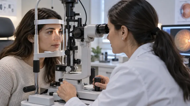 An adult and supportive companion prepare notes for an urgent eye examination.