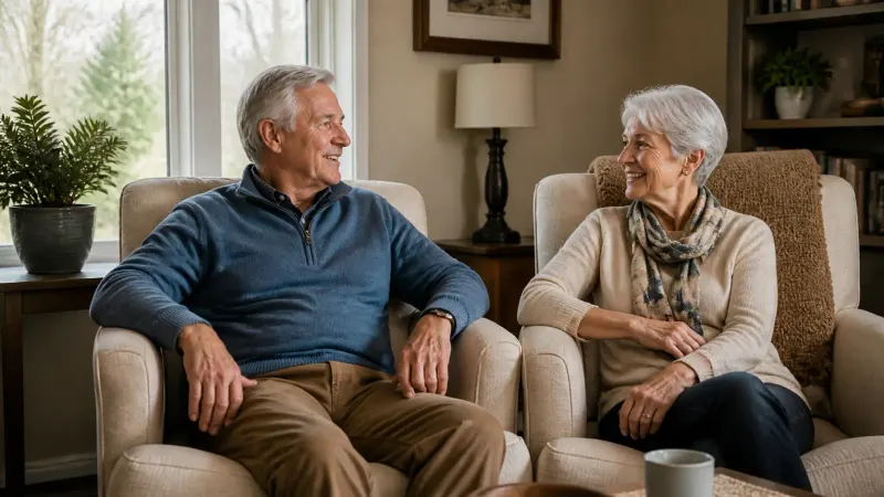 Two older adults sharing a calm conversation in a living room