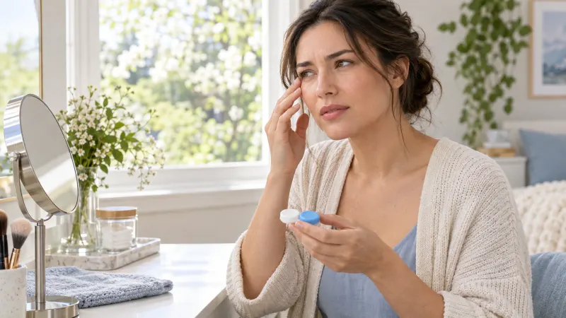 A contact lens wearer holding a lens case at home during allergy season