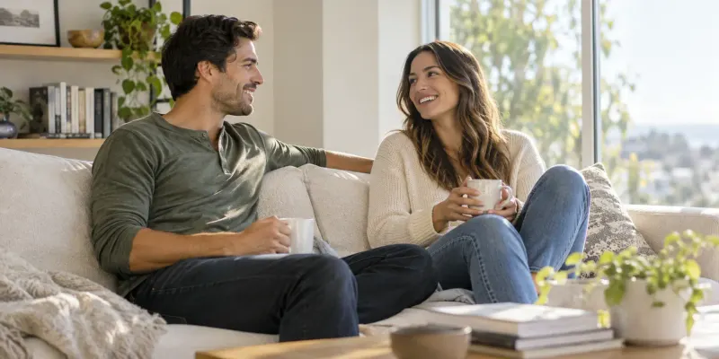 Two adults in their thirties chatting comfortably in a sunny living room