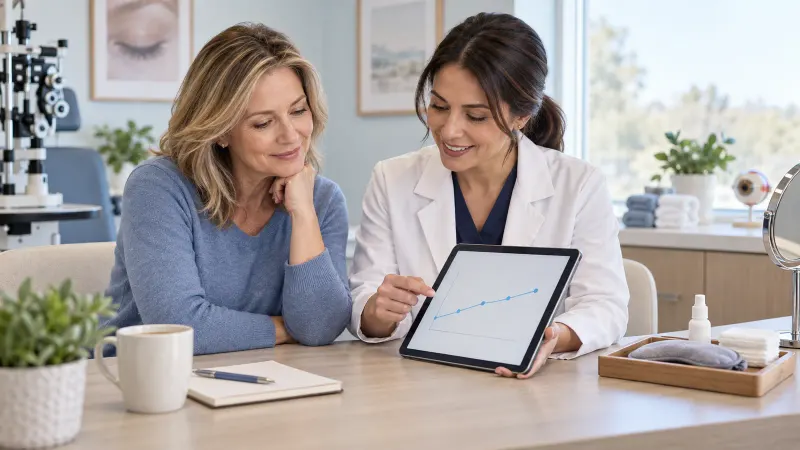 An adult reviewing dry eye treatment progress with an eye doctor