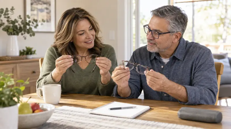 Two adults comparing pairs of eyeglasses while preparing for an eye appointment