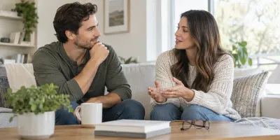 Two adults having a thoughtful conversation with eyeglasses resting on a nearby table