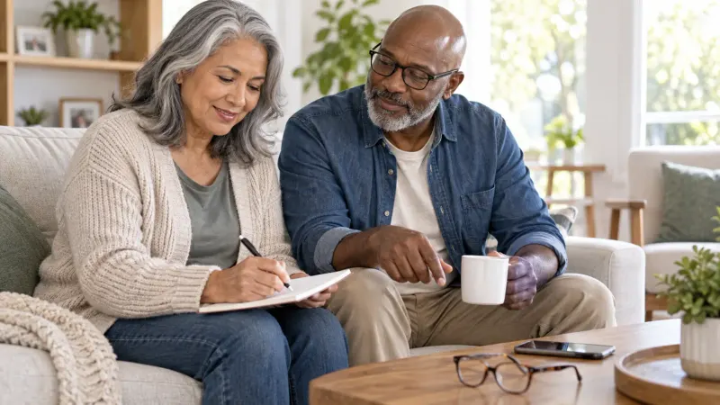An older adult and a companion noting eye changes to discuss at a follow-up visit