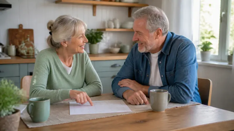 Two older adults smiling over a calendar at a kitchen table
