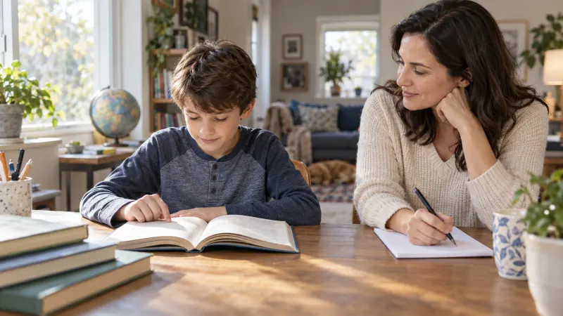 Family helping a child with a near vision activity
