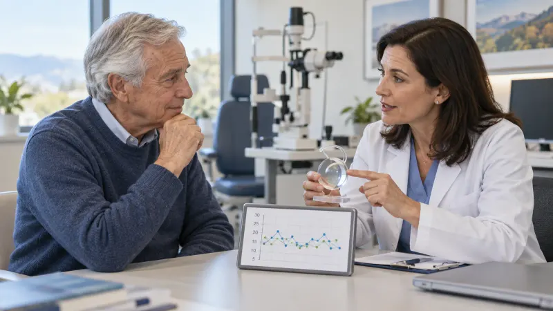 An adult reviewing cataract and glaucoma treatment choices with an eye doctor