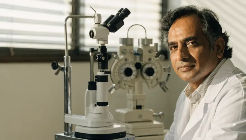 Man ophthalmologist standing beside a slit lamp and vision testing equipment