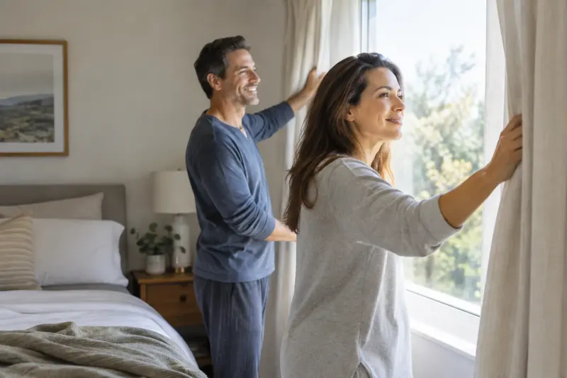 Two adults relaxing together in a softly lit home