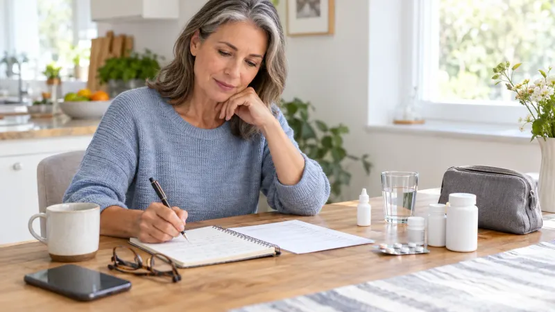 An adult reviews a medication list and dry-eye symptom notes beside lubricating eye drops.