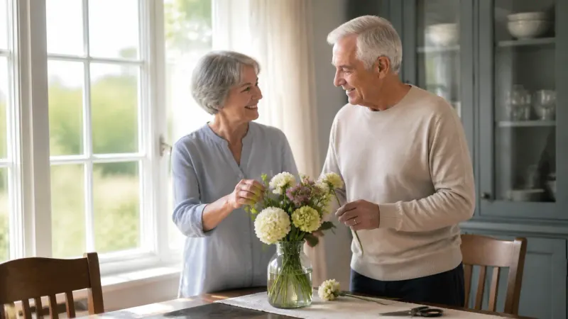 Two older adults smiling while arranging flowers by a bright window