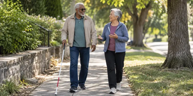 An older adult using a white mobility cane while walking with a companion on a tree-lined path