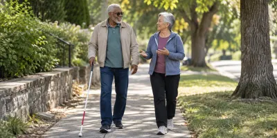 An older adult using a white mobility cane while walking with a companion on a tree-lined path