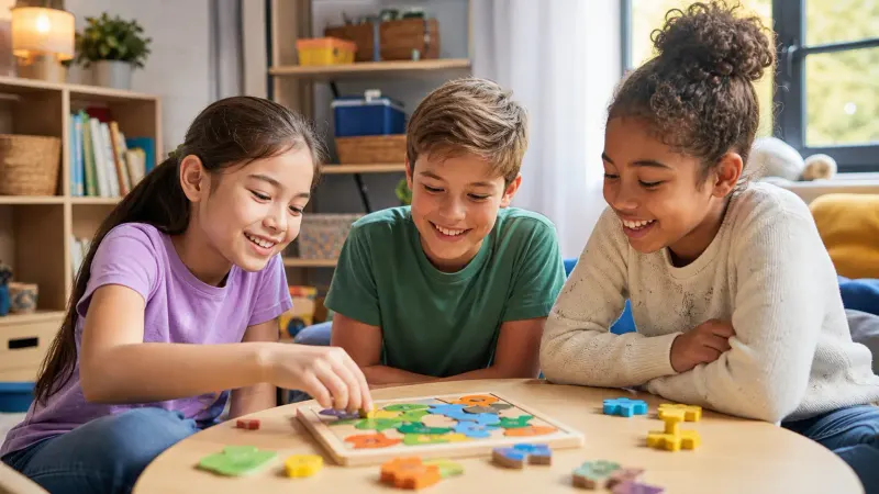 Three children smiling around a wooden puzzle in a playroom