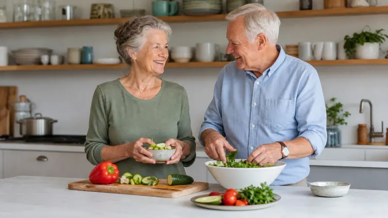 Two older adults preparing vegetables together in a bright kitchen