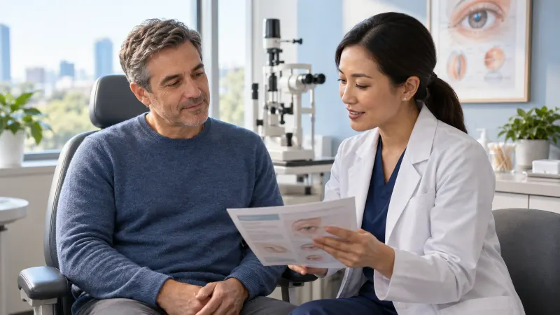 An adult discussing eyelid symptoms and treatment progress with an eye doctor