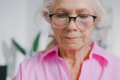 Portrait of an elderly woman in a pink shirt, focusing thoughtfully indoors.