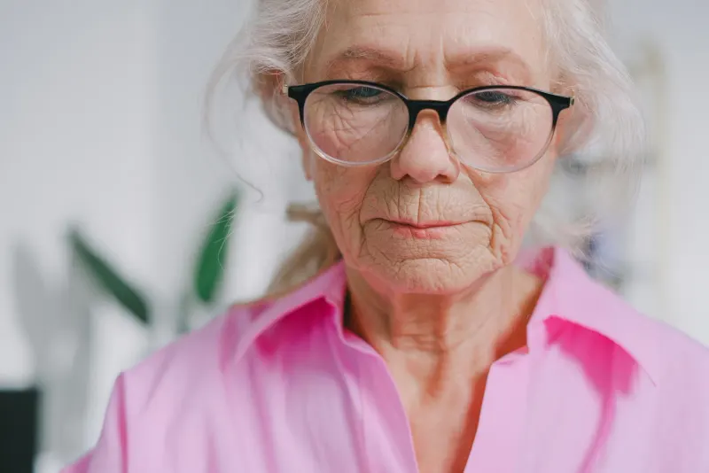 Portrait of an elderly woman in a pink shirt, focusing thoughtfully indoors.