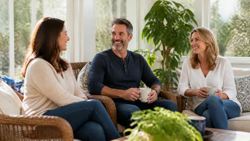 Three adults smiling together in a bright sunroom